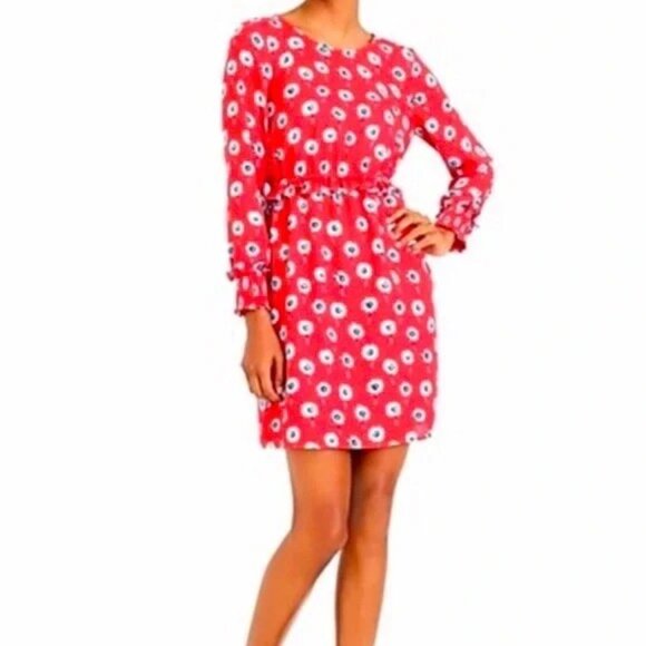 J. Crew Red Dandelion Floral Print Smocked Long Sleeve Round Neck Preppy Dress 0 - Picture 3 of 12